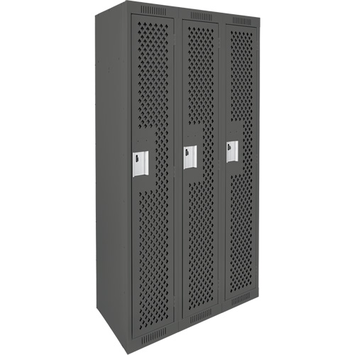 Clean Line Lockers, Bank of 3, 36" x 15" x 72", Steel, Charcoal, Rivet (Assembled), Perforated Absolute Business Supply