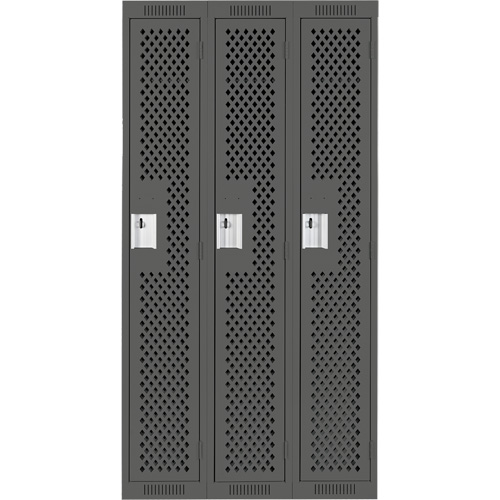 Clean Line Lockers, Bank of 3, 36" x 15" x 72", Steel, Charcoal, Rivet (Assembled), Perforated Absolute Business Supply