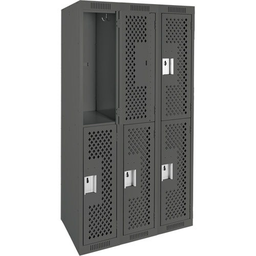 Clean Line Lockers, 2 -tier, Bank of 3, 36" x 15" x 72", Steel, Charcoal, Rivet (Assembled), Perforated Absolute Business Supply