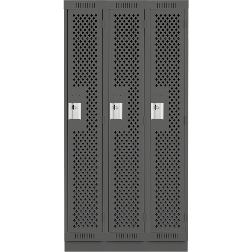 Clean Line Lockers, Bank of 3, 36" x 12" x 76", Steel, Charcoal, Rivet (Assembled), Perforated Absolute Business Supply