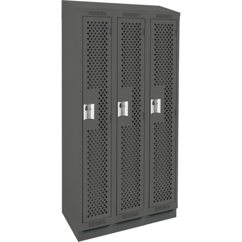 Clean Line Lockers, Bank of 3, 36" x 15" x 82", Steel, Charcoal, Rivet (Assembled), Perforated Absolute Business Supply