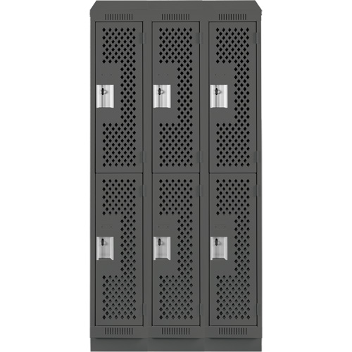 Clean Line Lockers, 2 -tier, Bank of 3, 36" x 15" x 82", Steel, Charcoal, Rivet (Assembled), Perforated Absolute Business Supply