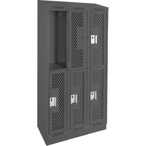 Clean Line Lockers, 2 -tier, Bank of 3, 36" x 15" x 82", Steel, Charcoal, Rivet (Assembled), Perforated Absolute Business Supply
