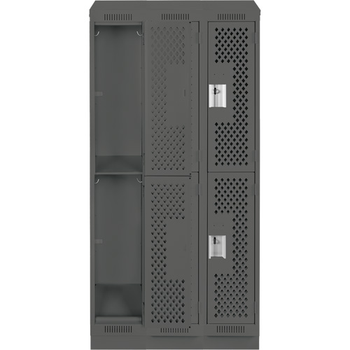 Clean Line Lockers, 2 -tier, Bank of 3, 36" x 15" x 82", Steel, Charcoal, Rivet (Assembled), Perforated Absolute Business Supply