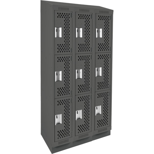 Clean Line Lockers, 3 -tier, Bank of 3, 36" x 15" x 82", Steel, Charcoal, Rivet (Assembled), Perforated Absolute Business Supply
