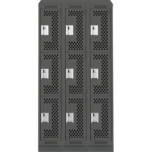 Clean Line Lockers, 3 -tier, Bank of 3, 36" x 15" x 82", Steel, Charcoal, Rivet (Assembled), Perforated Absolute Business Supply