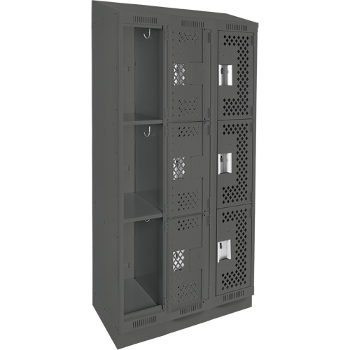 Clean Line Lockers, 3 -tier, Bank of 3, 36" x 15" x 82", Steel, Charcoal, Rivet (Assembled), Perforated Absolute Business Supply
