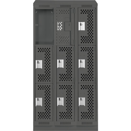 Clean Line Lockers, 3 -tier, Bank of 3, 36" x 15" x 82", Steel, Charcoal, Rivet (Assembled), Perforated Absolute Business Supply