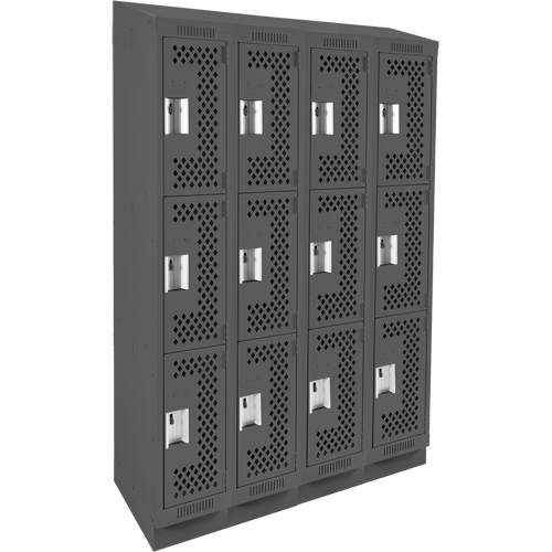 Clean Line Lockers, 3 -tier, Bank of 4, 48" x 18" x 82", Steel, Charcoal, Rivet (Assembled), Perforated Absolute Business Supply