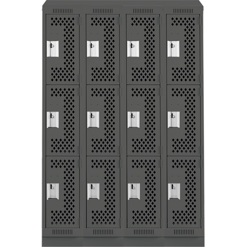 Clean Line Lockers, 3 -tier, Bank of 4, 48" x 18" x 82", Steel, Charcoal, Rivet (Assembled), Perforated Absolute Business Supply