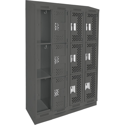 Clean Line Lockers, 3 -tier, Bank of 4, 48" x 18" x 82", Steel, Charcoal, Rivet (Assembled), Perforated Absolute Business Supply