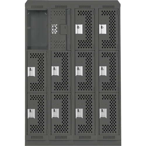 Clean Line Lockers, 3 -tier, Bank of 4, 48" x 18" x 82", Steel, Charcoal, Rivet (Assembled), Perforated Absolute Business Supply