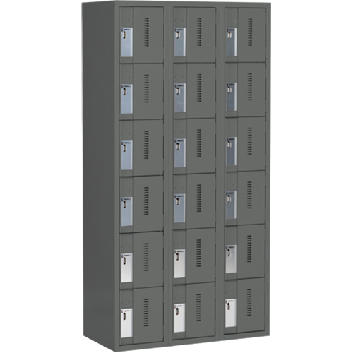 Concorde Heavy-Duty Lockers, 6 -tier, Bank of 3, 36" x 18" x 72", Steel, Charcoal, Welded (Assembled) Absolute Business Supply