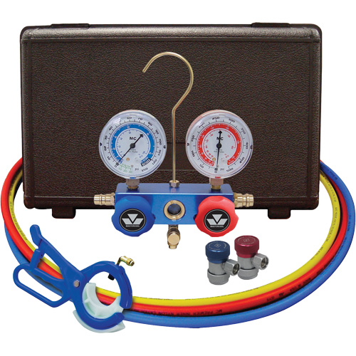 Automotive Manifold Gauge Set with Manual Couplers & 3-in-1 Side Mount Can Tap Valve Absolute Business Supply