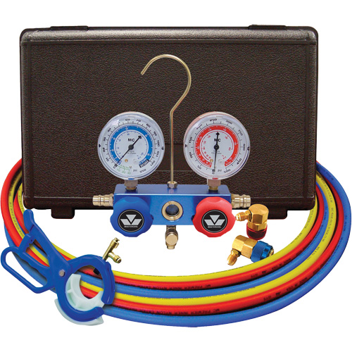 Dual Manifold Gauge Set with 3-in-1 Side Mount Can Tap Valve Absolute Business Supply