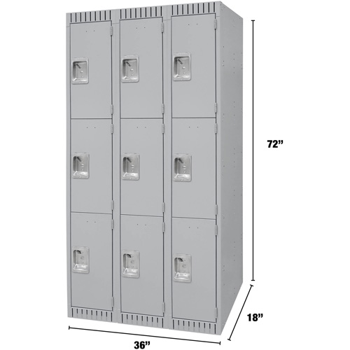 Lockers, 3 -tier, Bank of 3, 36" x 18" x 72", Steel, Grey, Knocked Down Absolute Business Supply