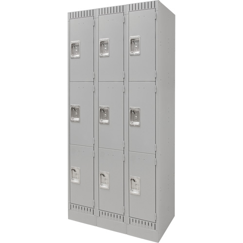 Lockers, 3 -tier, Bank of 3, 36" x 18" x 76", Steel, Grey, Knocked Down Absolute Business Supply