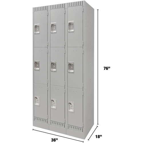 Lockers, 3 -tier, Bank of 3, 36" x 18" x 76", Steel, Grey, Knocked Down Absolute Business Supply