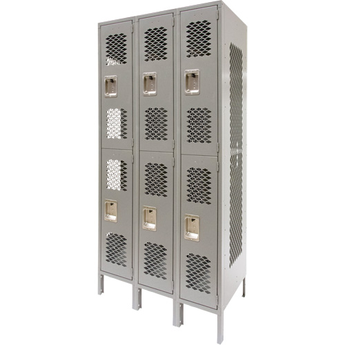Vented Lockers, 2 -tier, Bank of 3, 36" x 18" x 78", Steel, Grey, Knocked Down, Perforated Absolute Business Supply
