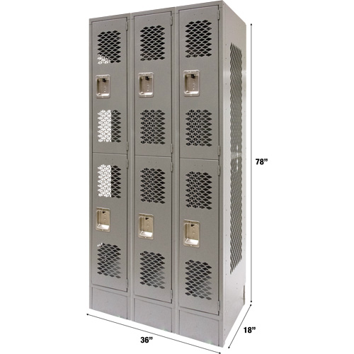 Casiers ventil&eacute;s, 2 niveaux, Bloc de 3, 36" x 18" x 78", Acier, Gris, D&eacute;mont&eacute;, Perfor&eacute; Absolute Business Supply