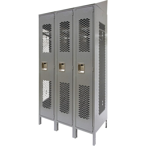 Vented Lockers, Bank of 3, 36" x 18" x 88", Steel, Grey, Knocked Down, Perforated Absolute Business Supply
