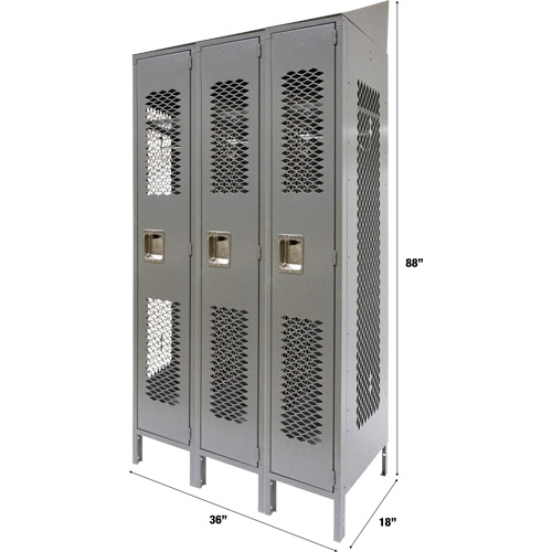 Vented Lockers, Bank of 3, 36" x 18" x 88", Steel, Grey, Knocked Down, Perforated Absolute Business Supply