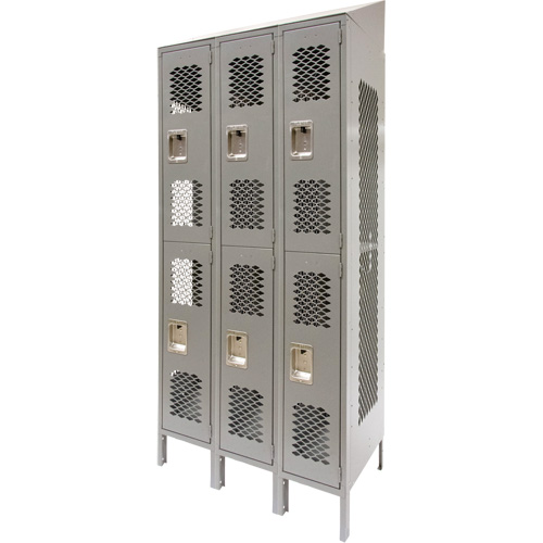 Vented Lockers, 2 -tier, Bank of 3, 36" x 18" x 88", Steel, Grey, Knocked Down, Perforated Absolute Business Supply