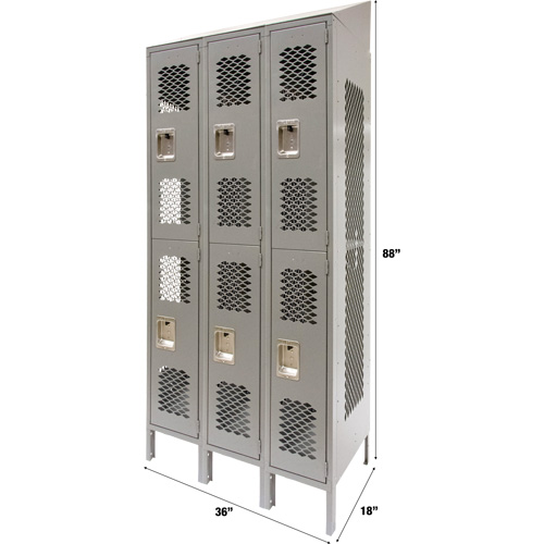 Vented Lockers, 2 -tier, Bank of 3, 36" x 18" x 88", Steel, Grey, Knocked Down, Perforated Absolute Business Supply