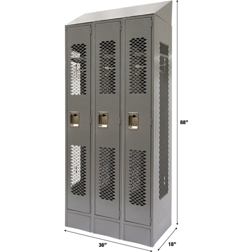 Vented Lockers, Bank of 3, 36" x 18" x 88", Steel, Grey, Knocked Down, Perforated Absolute Business Supply