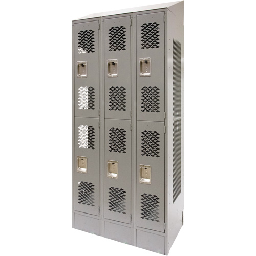 Vented Lockers, 2 -tier, Bank of 3, 36" x 18" x 88", Steel, Grey, Knocked Down, Perforated Absolute Business Supply