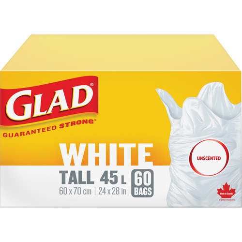 Tall 45L Unscented Garbage Bags, Regular, 24" W x 28" L, White Absolute Business Supply