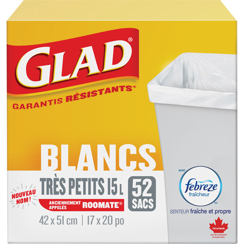 Tr&egrave;s petits sacs &agrave; ordures 15 L avec Febreze, R&eacute;gulier, 17" la x 20" lo, Blanc Absolute Business Supply