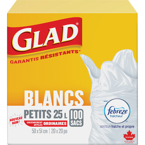 Petits sacs &agrave; ordures 25 L avec Febreze, R&eacute;gulier, 20" la x 20" lo, Blanc Absolute Business Supply