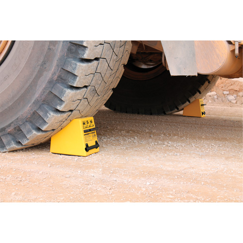 Checkers Safety Heavy-Duty Ultra Class Mining Wheel Chock, HDPE, Yellow, 14-1/2" W x 17-1/2" D x 16" H Absolute Business Supply