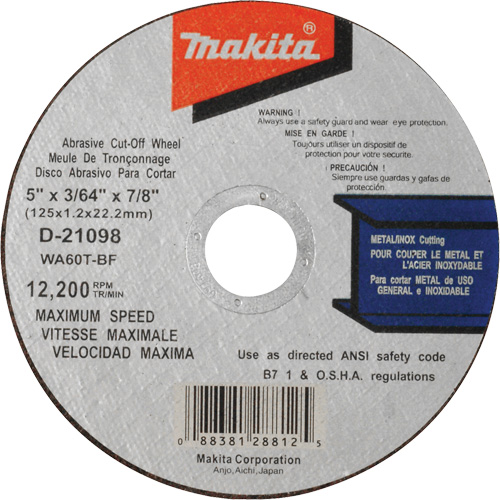 Meule &agrave; tronçonner mince, 5" x 3/64", Arbre de 7/8", Type 1, Oxyde d'aluminium, 12 200 Tr/min Absolute Business Supply
