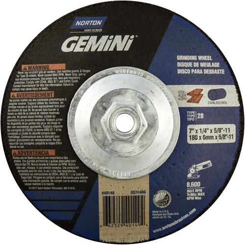 Gemini&reg; Saucer Wheel, 7" x 1/4", 5/8"-11 Arbor, Aluminum Oxide, Type 28 Absolute Business Supply