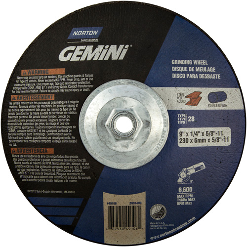 Meule soucoupes Gemini, 9" x 1/4", Arbre 5/8"-11, Oxyde d'aluminium, Type 28 Absolute Business Supply