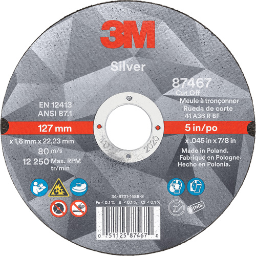 Meule &agrave; tronçonner Silver, 5" x 0,045", Arbre de 7/8", Type 1, C&eacute;ramique, 12250 Tr/min Absolute Business Supply