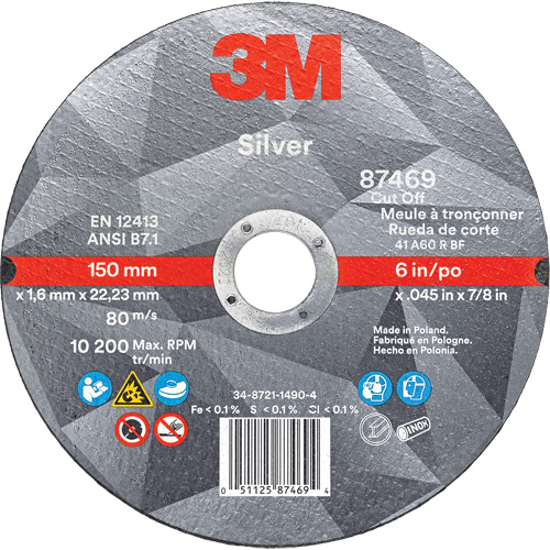 Meule &agrave; tronçonner Silver, 6" x 0,045", Arbre de 7/8", Type 1, C&eacute;ramique, 10 200 Tr/min Absolute Business Supply