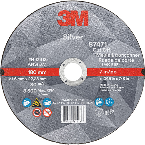 Meule &agrave; tronçonner Silver, 7" x 0,045", Arbre de 7/8", Type 1, C&eacute;ramique, 8500 Tr/min Absolute Business Supply