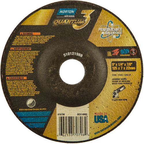 Quantum3 Grinding Wheel, 5" x 1/4", 7/8" Arbor, Ceramic, Type 27 Absolute Business Supply