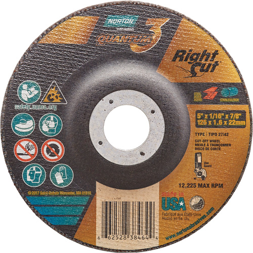 Quantum3 RightCut Cut-Off Wheel, 5" x 1/16", 7/8" Arbor, Type 27/42, Ceramic Alumina, 12225 RPM Absolute Business Supply