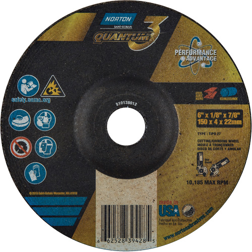 Disque de rectification et de tronçonnage Quantum3, 6" x 1/8", Arbre de 7/8", Type 27, Grain de 24, C&eacute;ramique d'alumine Absolute Business Supply