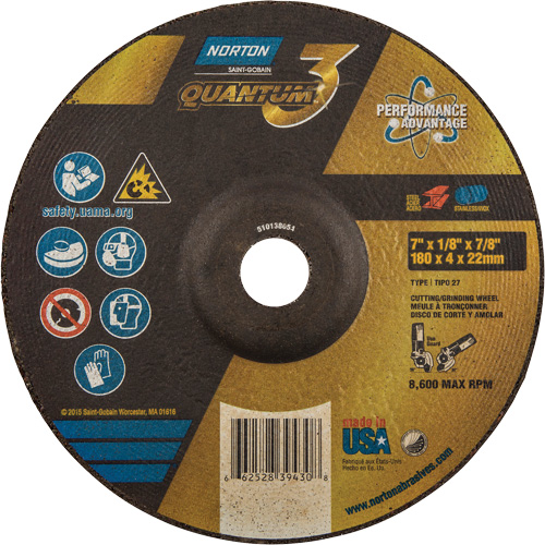 Quantum3 Grinding & Cutting Wheel, 7" x 1/8", 7/8" Arbor, Type 27, 24 Grit, Ceramic Alumina Absolute Business Supply