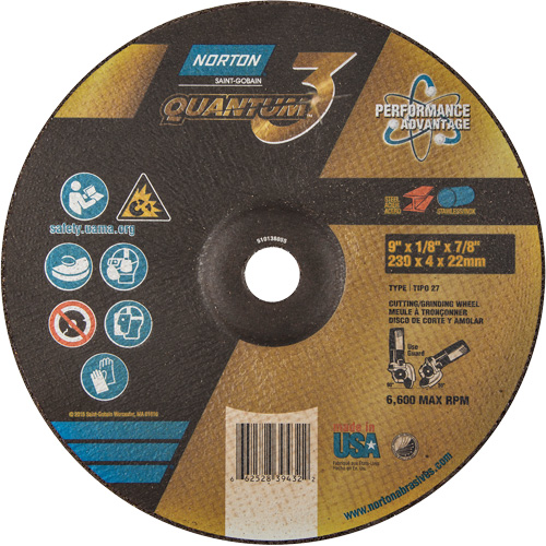 Quantum3 Grinding & Cutting Wheel, 9" x 1/8", 7/8" Arbor, Type 27, 24 Grit, Ceramic Alumina Absolute Business Supply