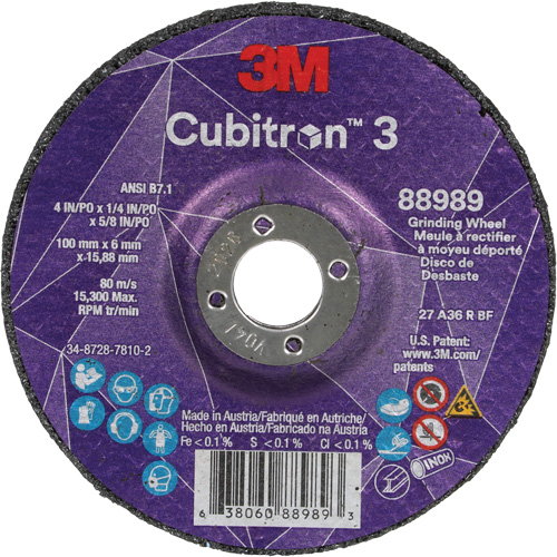 Meule a moyeu d&eacute;port&eacute; Cubitron 3, 4" x 1/4", Arbre 5/8", C&eacute;ramique, Type T27 Absolute Business Supply