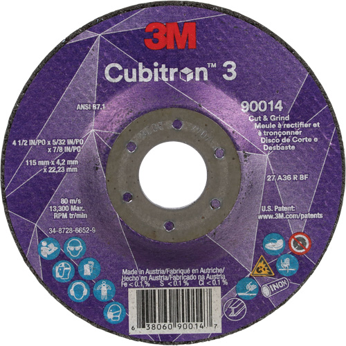 Meule &agrave; couper & tronçonner Cubitron 3, 4-1/2" x 5/32", Arbre de 7/8", Type T27, Grain de 36+, C&eacute;ramique Absolute Business Supply
