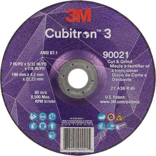 Meule &agrave; couper & tronçonner Cubitron 3, 7" x 5/32", Arbre de 7/8", Type T27, Grain de 36+, C&eacute;ramique Absolute Business Supply