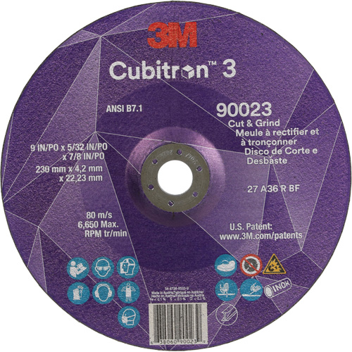 Meule &agrave; couper & tronçonner Cubitron 3, 9" x 5/32", Arbre de 7/8", Type T27, Grain de 36+, C&eacute;ramique Absolute Business Supply