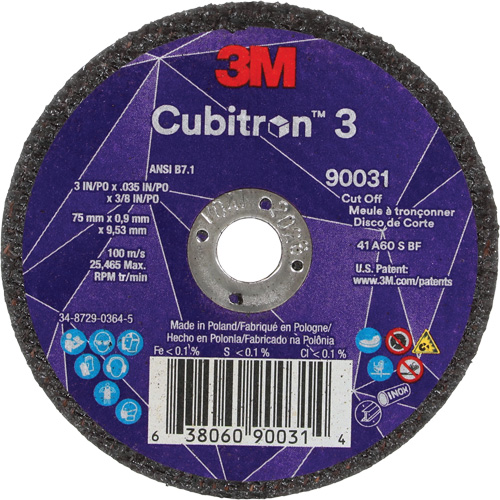 Meule &agrave; tronçonner Cubitron 3, 3" x 0,035", Arbre de 3/8", Type T1, C&eacute;ramique, 21000 Tr/min Absolute Business Supply